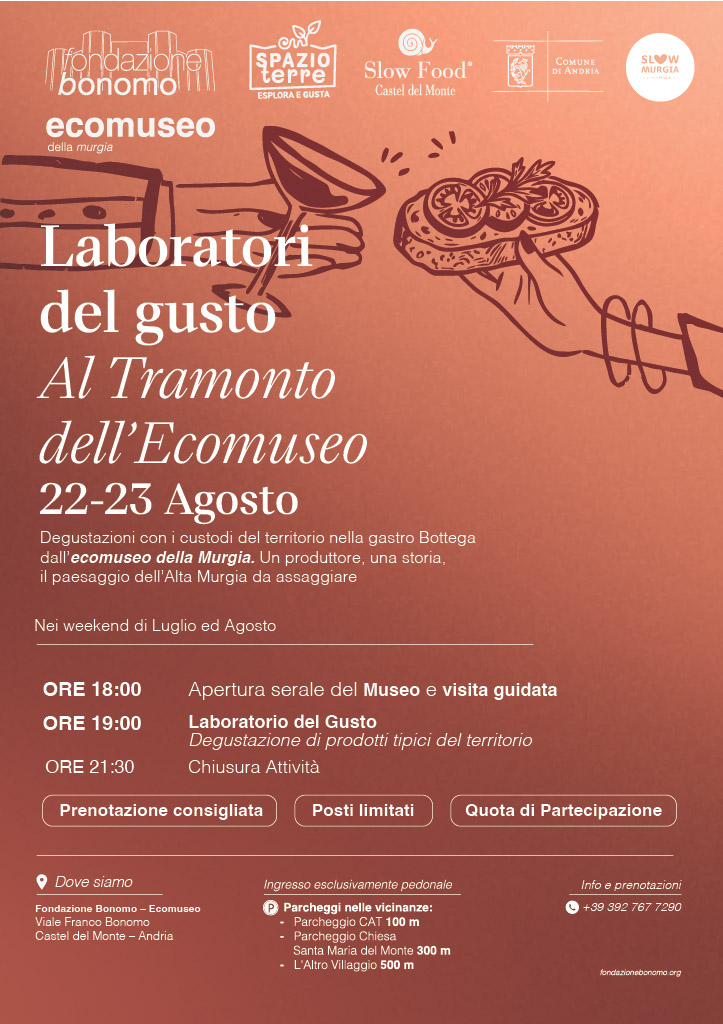 Locandina dei laboratori del gusto al tramonto dell'ecomuseo